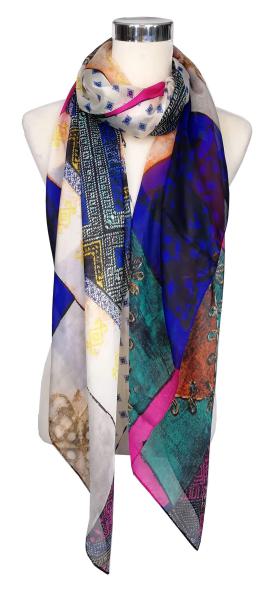 Scarf 100% Silk Paj Festive Colorful Blue Green Pink Lila Yellow